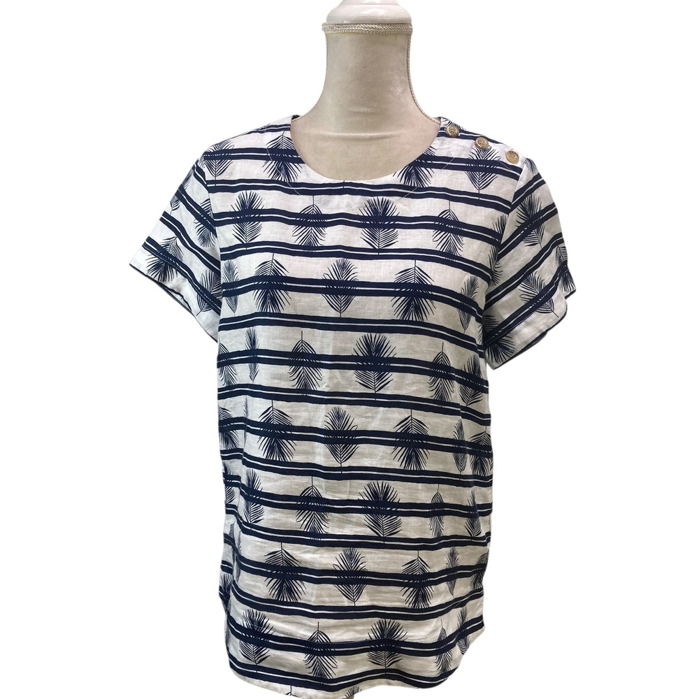 Lands'‎ End Women's Linen Top Striped Palm Print Short Sleeve Blouse Size S